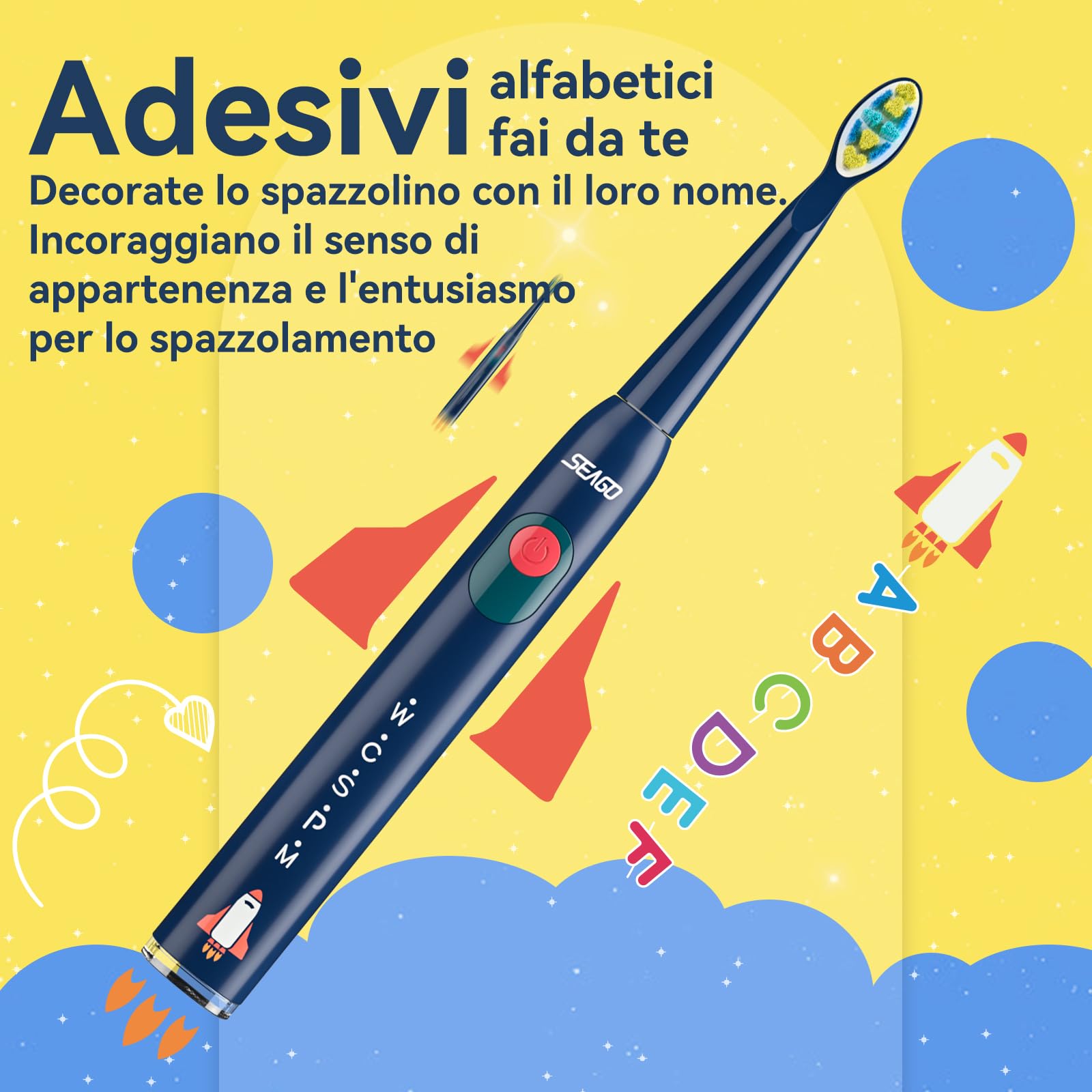 Seago Spazzolino Elettrico Bambini 6-12 Anni, Spazzolini Elettrici per Bambini Con Adesivi Fai Da Te Divertenti, Timer Da 2 Minuti, 4 Testine Spazzolino Bambini,Impermeabile IPX7 SG-2303, Blu