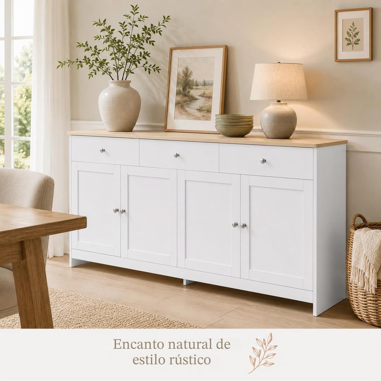 Aparadores para Salon, Aparador Blanco, Aparador Madera, Aparador Comedor, Alacena De Cocina, Armario Buffet con 3 Cajones Y 4 Puertas, Aparadores para Salón Entrada Comedor, 160 x 37 x 75 cm