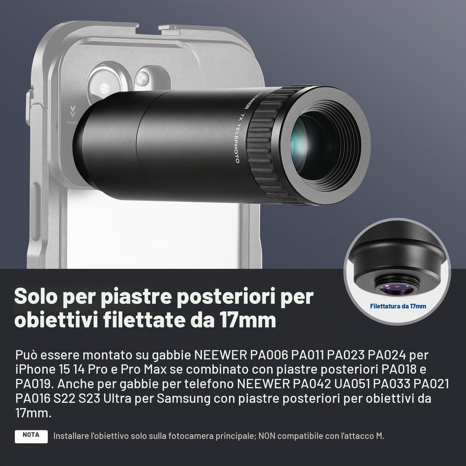 NEEWER Teleobiettivo HD Solo per piastra posteriore con filettatura da 17 mm, 7 x con 15 elementi 12 gruppi, compatibile con SmallRig NEEWER iPhone Samsung Gage con adattatore obiettivo 17 mm, LS-36