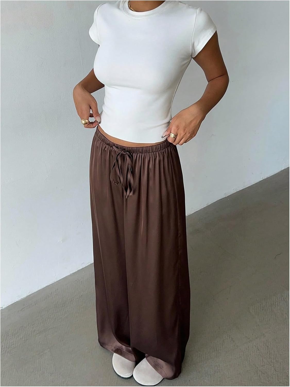 MakeMeChic Women's Satin Pants Drawstring Waist Straight Leg Chocolate Brown Silk Lounge Pants - Image 4