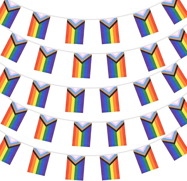 10 Meter Progress Pride Bunting Banner with 38 Pennant Flags - Rectangle Gay LGBTQ Rainbow Pride Banner Flag, Colorful Stripes Bunting Banner for Pride Month Decorations, Home, Balcony, Bars,etc