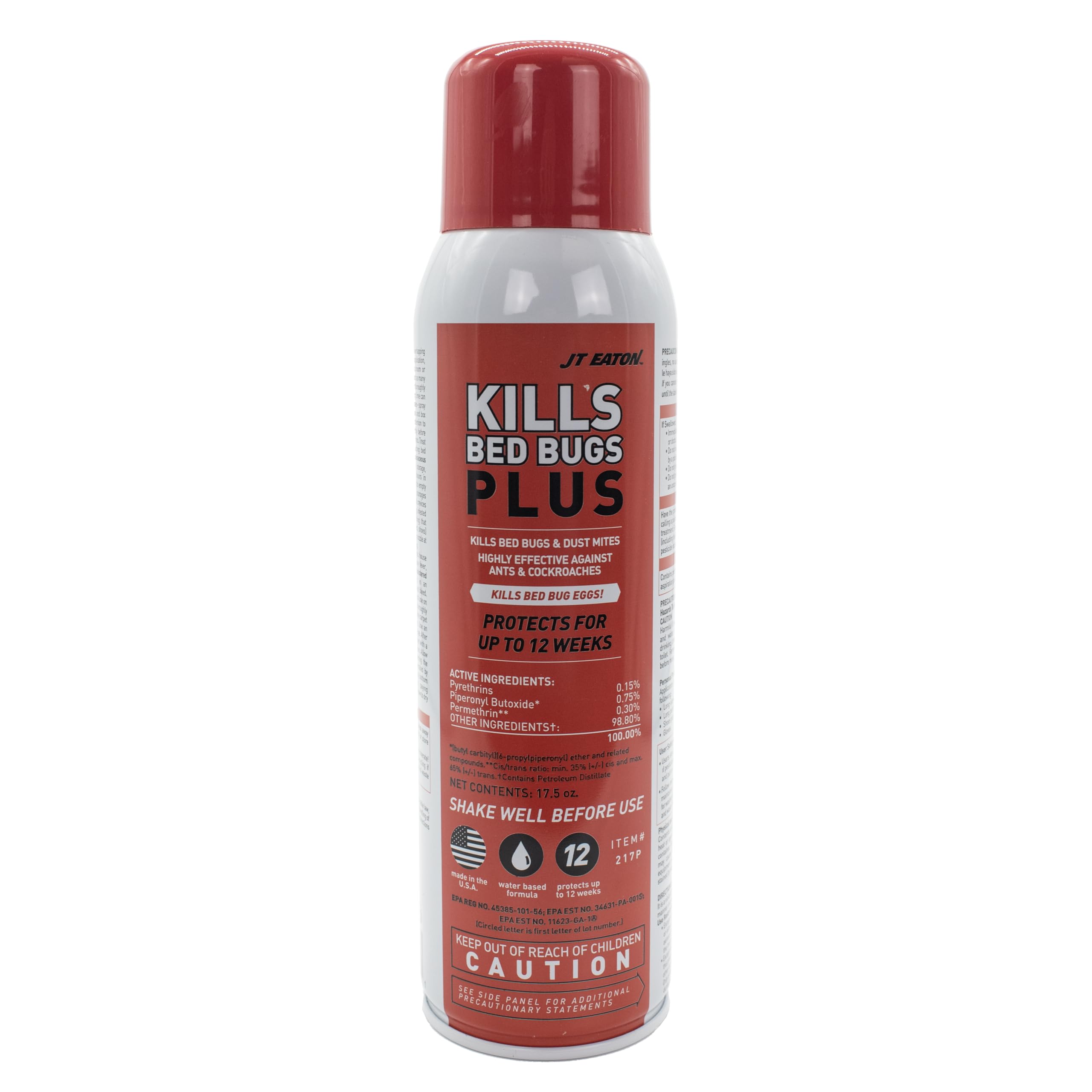 JT Eaton 217P Kills Bed Bugs Plus Aerosol Insecticide Spray, Water-Based Formula with Up to 12 Weeks of Protection for Bedbugs, Dust Mites, Ants, and Roaches, Red
