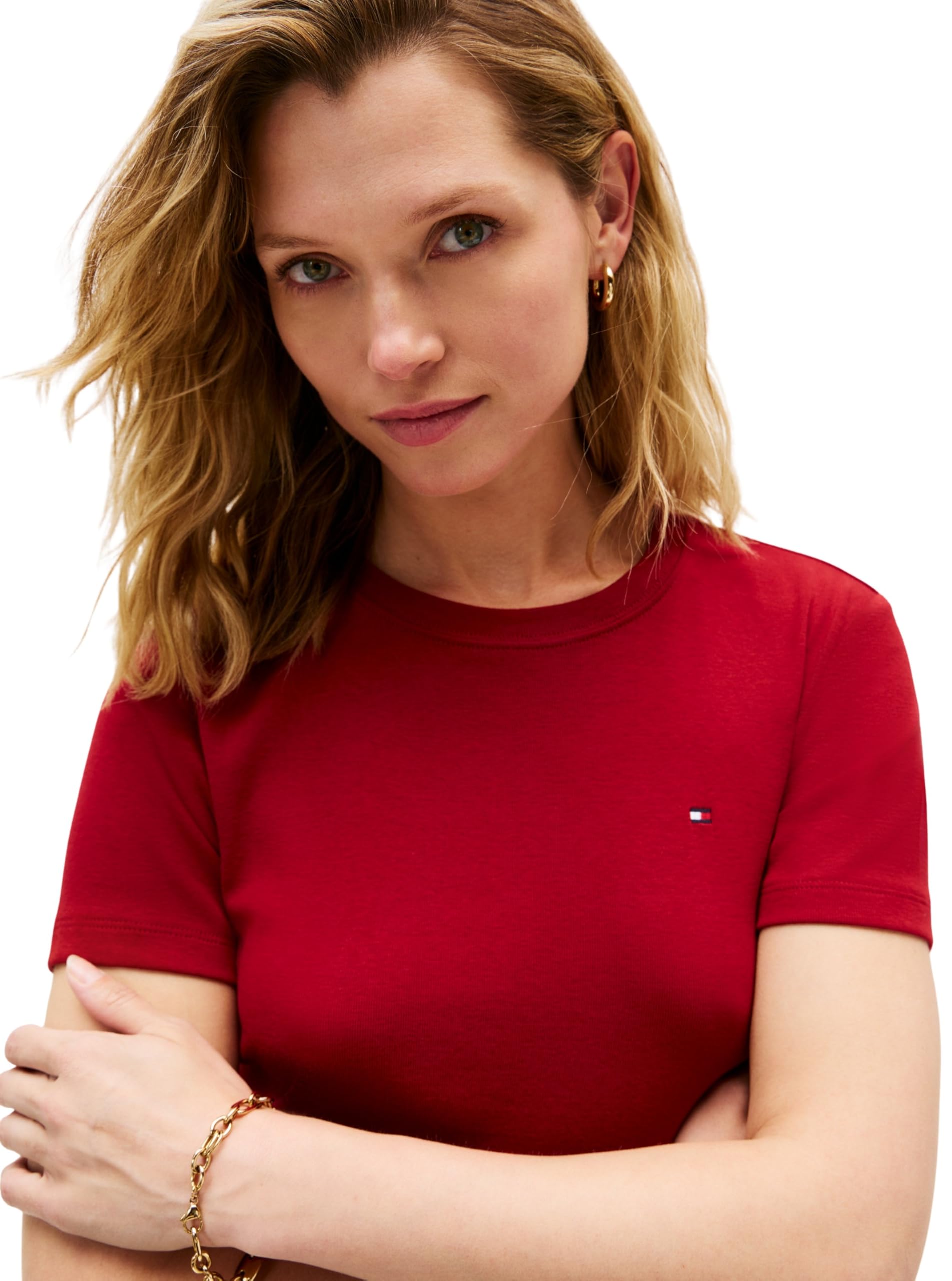 Tommy Hilfiger Damska koszulka Slim Cody C-NK SS WW0WW40587 S/S, czerwona, L, Czerwony (Regatta Red), L