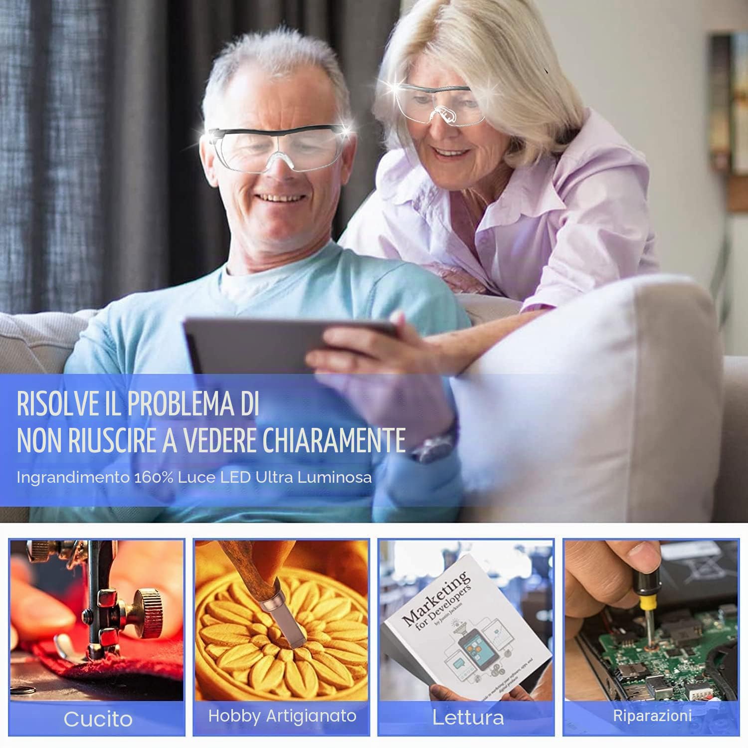 300% Occhiali D'ingrandimento Con Luce LED Ricaricabile, Lente ad Archetto a Mani Libere per Lettura, Ricamo, Hobby e Lavori Ravvicinati