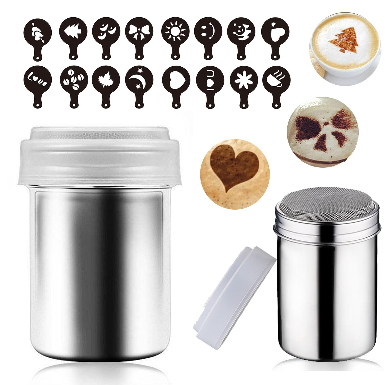 AIFUDA Lot De 3 Shakers à Poudre Inox Avec 16 Pochoirs - Saupoudreur Café Cappuccino Latte Art Cuisine