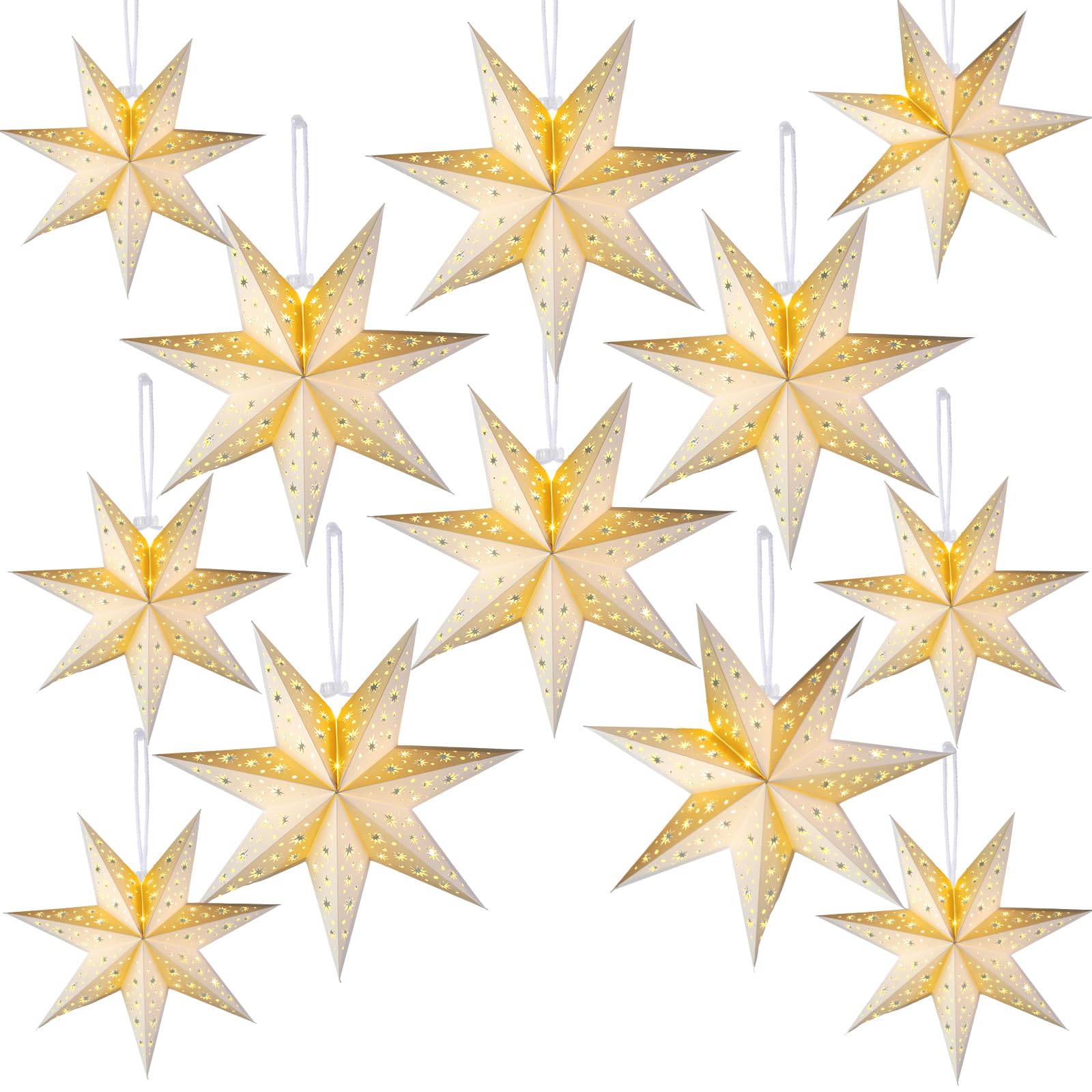 Cinnvoice Weihnachtliche Papiersternlaternen, 7/8/9 Punkte, hängende Ornamente, neutrale 3D-Sternlaterne mit Lichterkette, 30,5 cm und 45,5 cm, hohler Lampenschirm für Party-Dekoration (weiß, 7