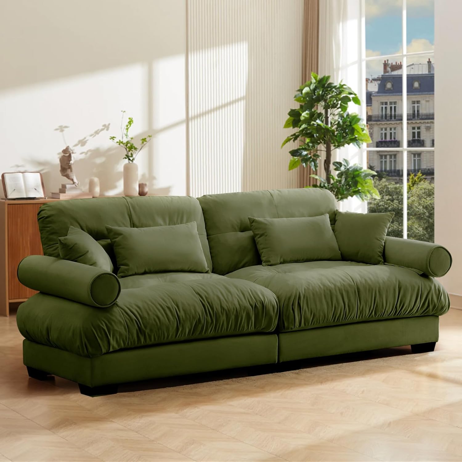 93.7" Oversized Modular Sectional Sofa 2-Seater Loveseat Cloud Couch with Pillows and Overthick Cushion for Living Room, Home Theater,Apartment,Velvet,Olive Green