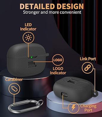 Case Cover for JBL Vibe 200TWS & Beam, Silicone Protective Anti-Scratch Shock Resistant Logo Visible Cover, Compatible Devices, Carabiner-Black