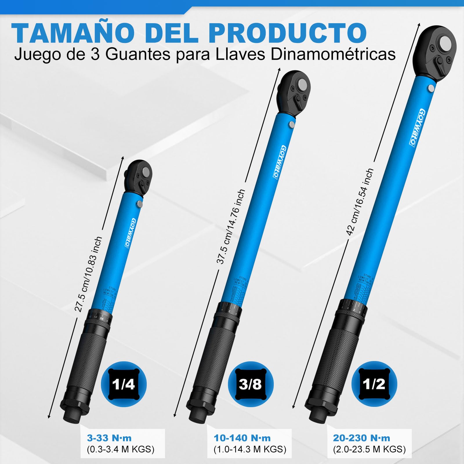 3-Piezas Llaves Dinamométricas, 1/4" 3/8" 1/2" Llave Dinamométrica | Juego de Llave Dinamometrica con 3-230 N·m, ±3% Precisión, 72 Dientes, Doble Escala, para Coche Bicicleta Moto Camione Tuerca