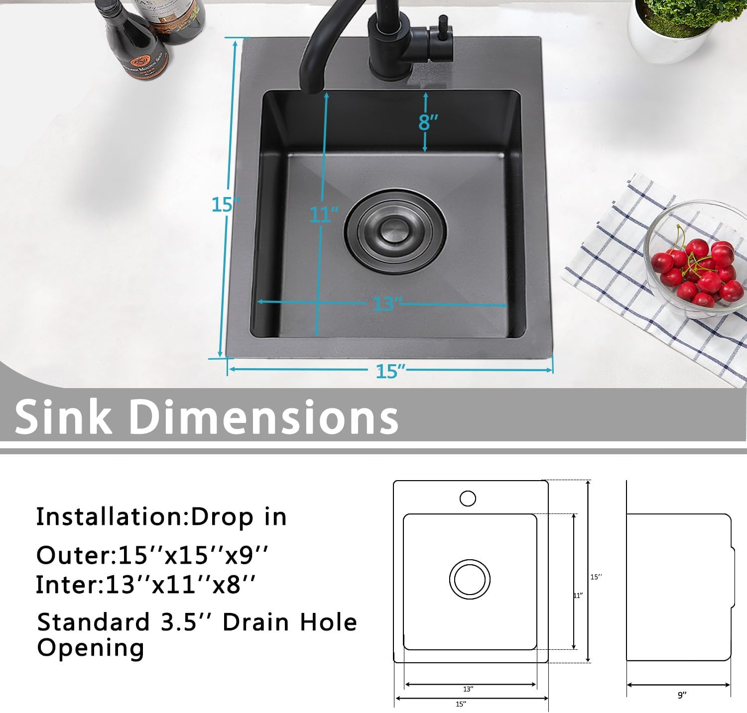Friho 15x15 Inch Drop In Black Bar Sink, 16 Guage Stainless Steel Topmount Outdoor RV Small Kitchen Sink, 15 Inch Wet Prep Single Bowl Utility Bar Sink With Dish Grid & Drain
