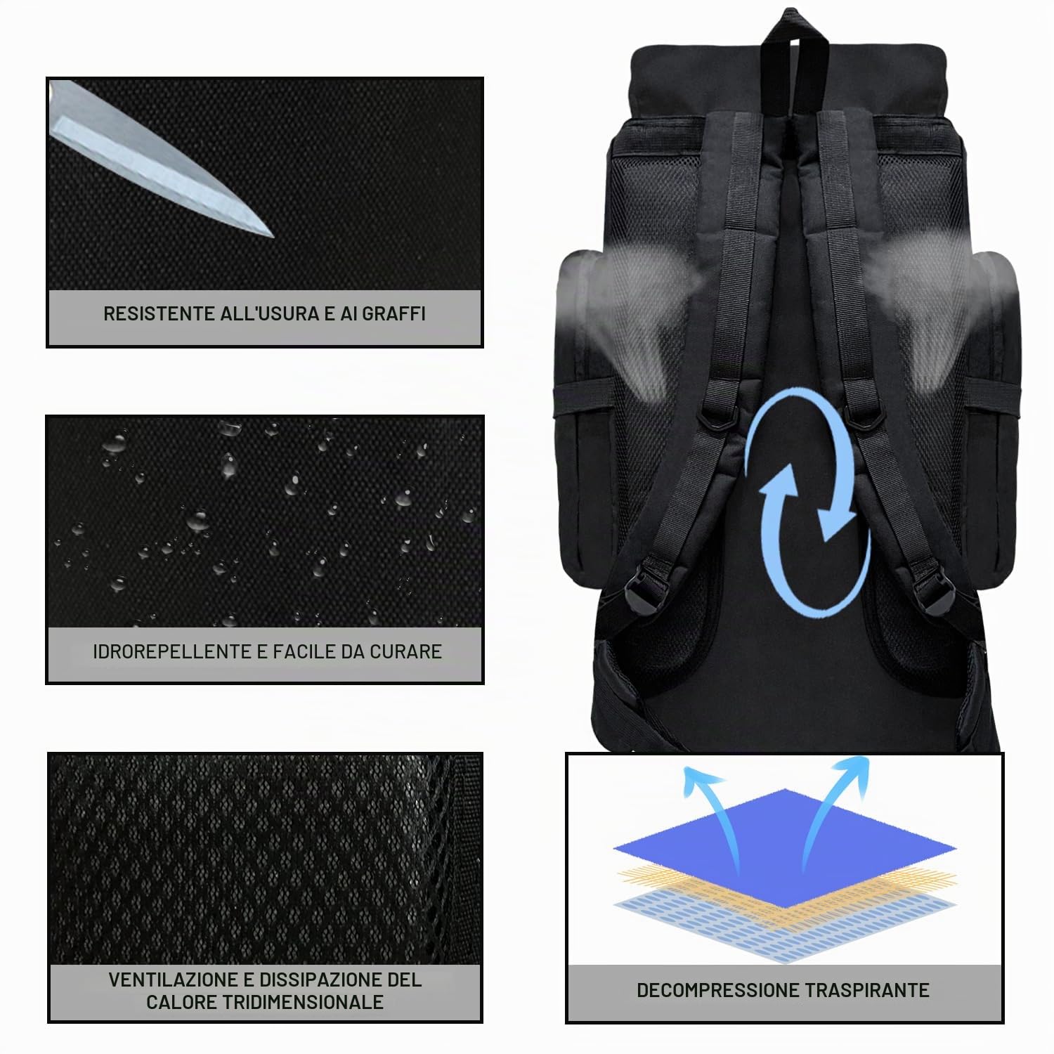 Zaino da viaggio, 80 l, tattico militare, ispessito, regolabile, impermeabile, grande capacità, Connettore USB nero