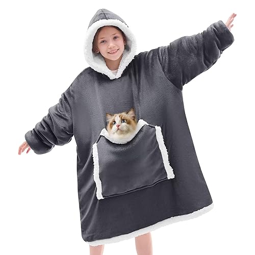 JOYWOO Kids Wearable Blanket Hoodie,Oversized Cat lovers Hoodie Blanket for