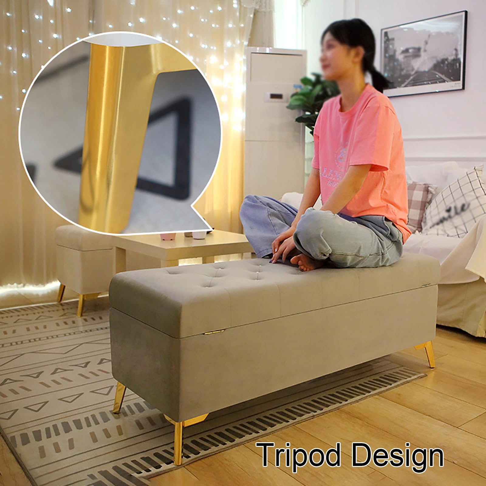 Otomana de Almacenamiento de Terciopelo, Banco Tapizado para Final de Cama, con Patas de Metal Dorado, para Entrada y Sala de Estar(Brown,59in/150cm)
