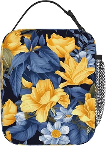 Miniatura 2 de Lonchera aislada para mujer, con base azul, amarillo, floral, con bolsillo lateral, duradera y reutilizable