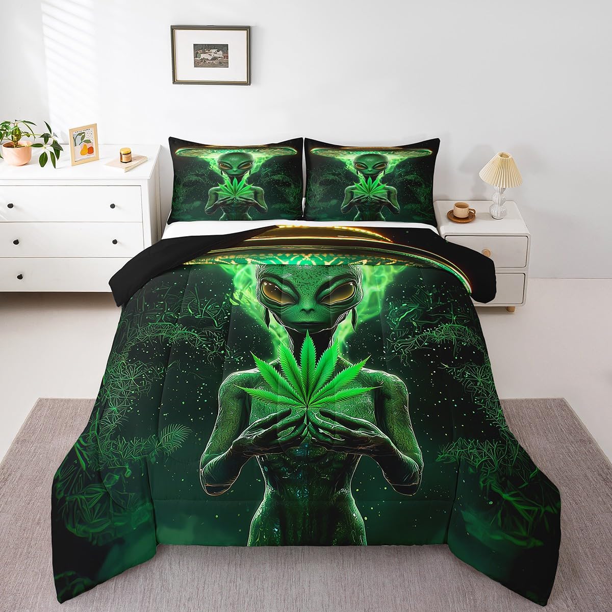 Erosebridal Trippy Alien Comforter Set Queen,Green Marijuana Bedding Set Modern Psychedelic UFO Duvet Insert Abstract Geometric Quilted Comforter for Kids Teens Boys Botanical Home Decorative,3Pcs