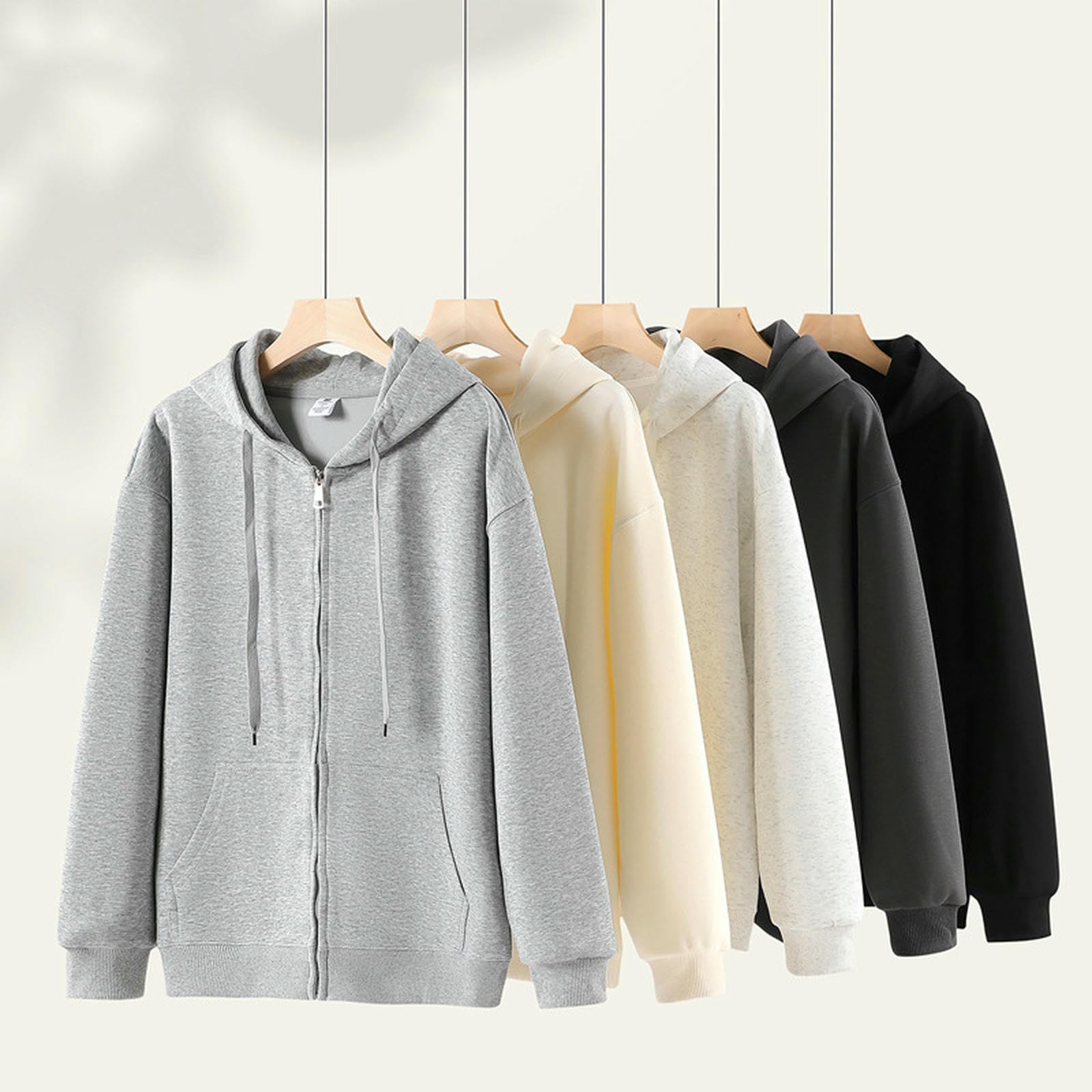 Bluza damska Hua Cotton Full Zip Hoodie z długim rękawem stringi -bluza z kapturem z kieszeniami-szary-konopny-M (100-115 Jin)
