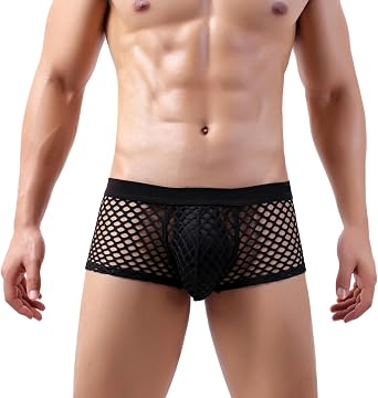 Mens Sexy Fishnet Underwear Trunks Breathable See Through Holes Design Boxer Shorts