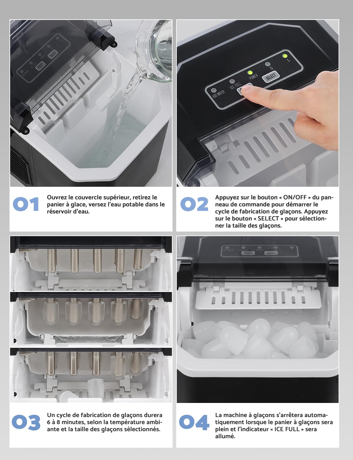 Four-step visual guide to operating the ice maker
