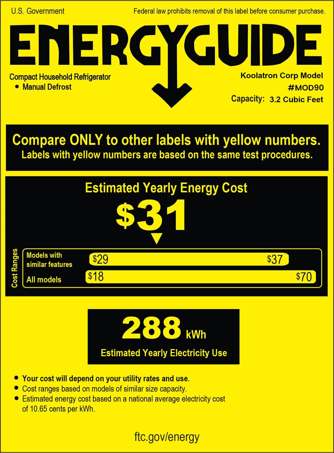 Energy Guide label for Koolatron Compact Household Refrigerator Model MOD90