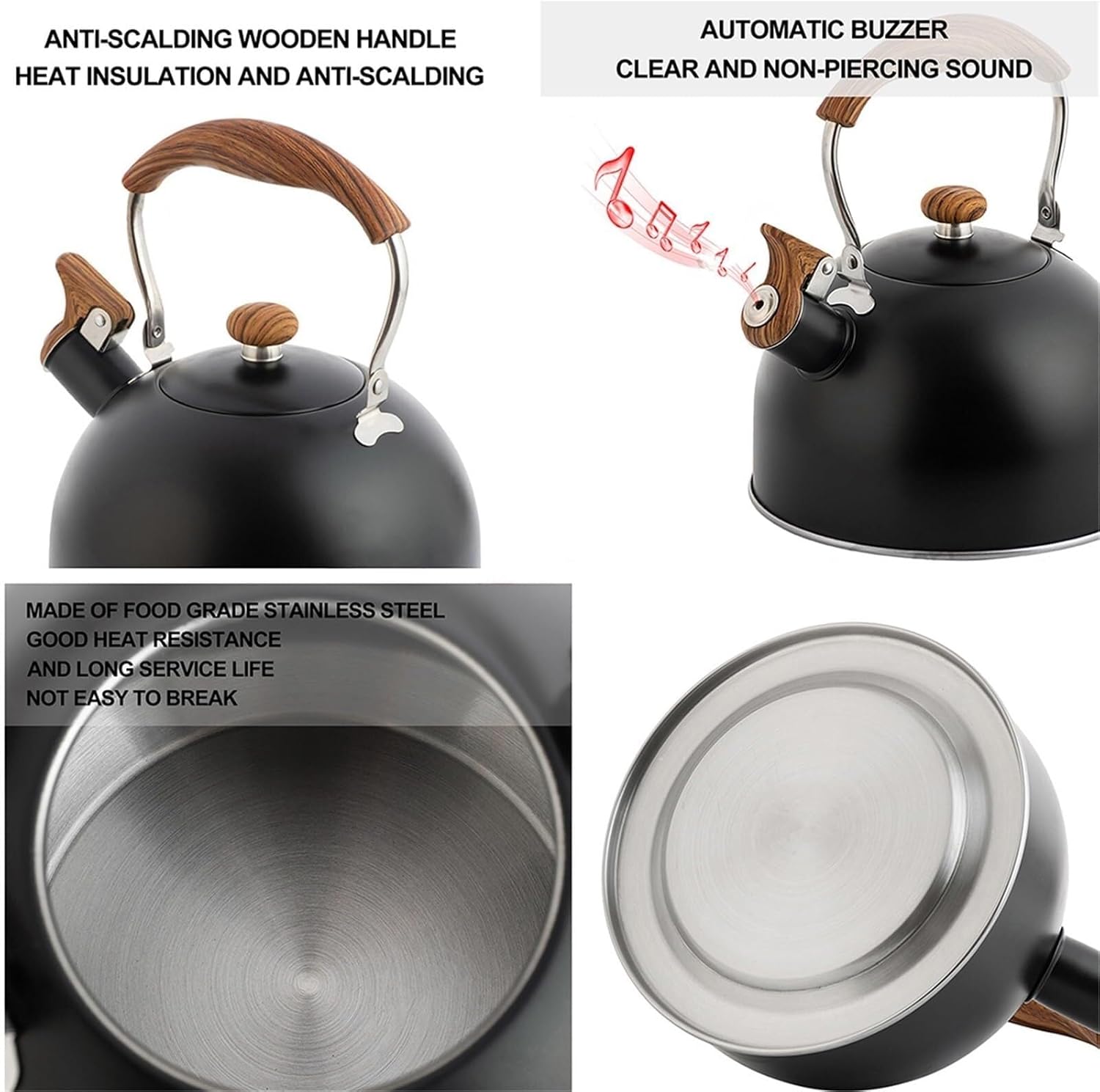 Tea Kettle for Stove Top, Stainless Steel Whistling Tea Pot with Cool Touch Wood Pattern Ergonomic Handle, Loud Whistle Teapot for Tea,Coffee, Milk(Black)