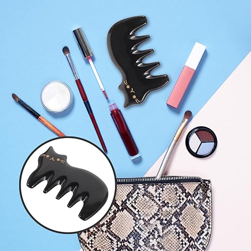 Miniatura 6 de Ox Horn Gua Sha - Peine masajeador de cuero cabelludo – Herramienta de raspado negro de 5 dientes para masaje de cabeza, cuello, hombros y cuerpo –