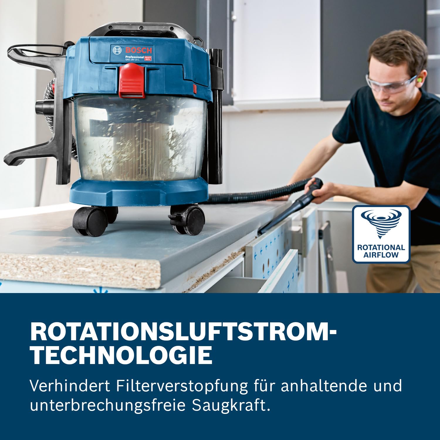 Bosch Professional 18V System Industriestaubsauger GAS 18V-10 L (inkl. 1,6 m Schlauch, 3 Verlängerungsrohre, ohne Akku/Ladegerät)