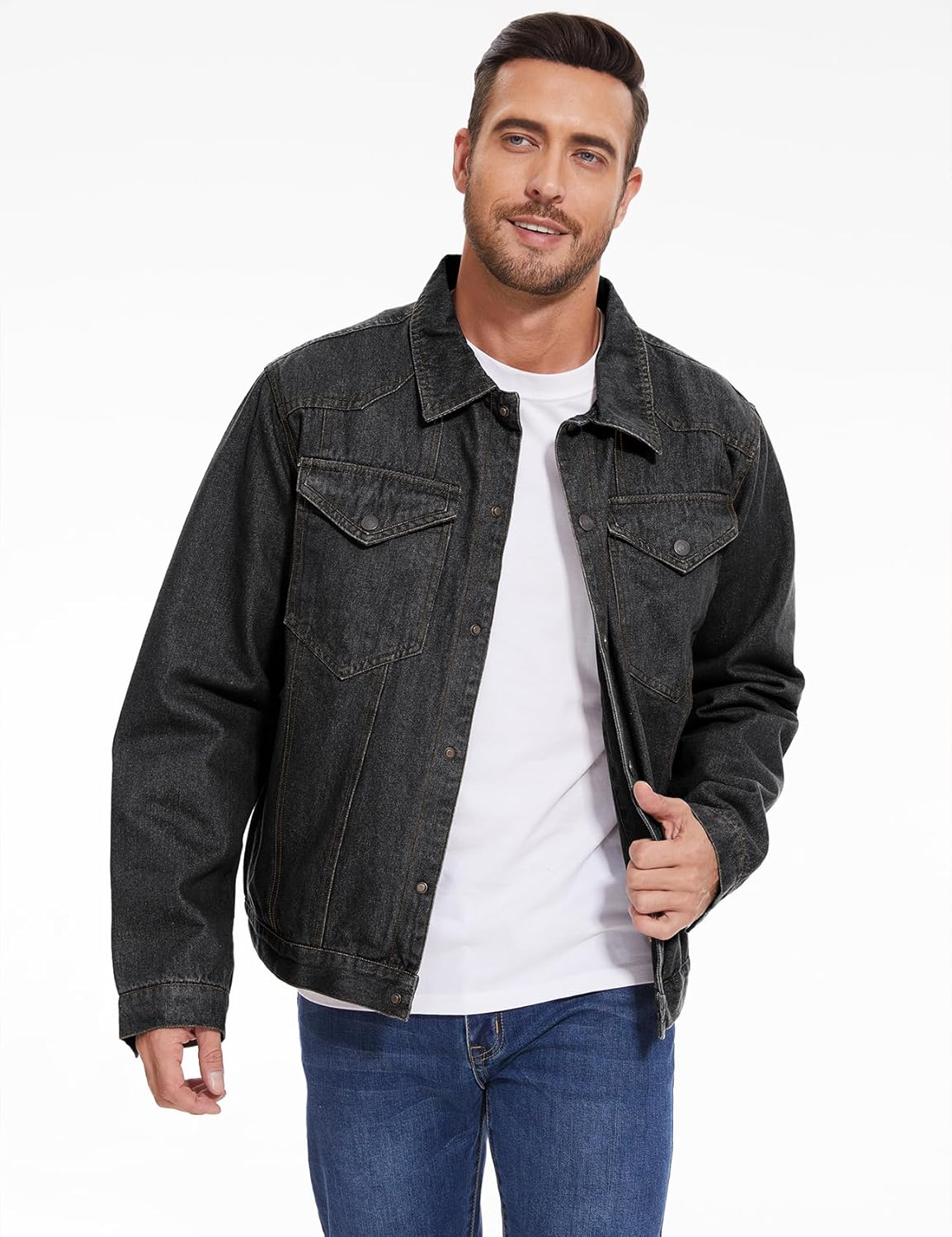 PEHMEA Men's Lined Flannel Denim Stylish Cowboy Trucker Coat Snap Button Rugged Western Shirts Jackets - Image 2