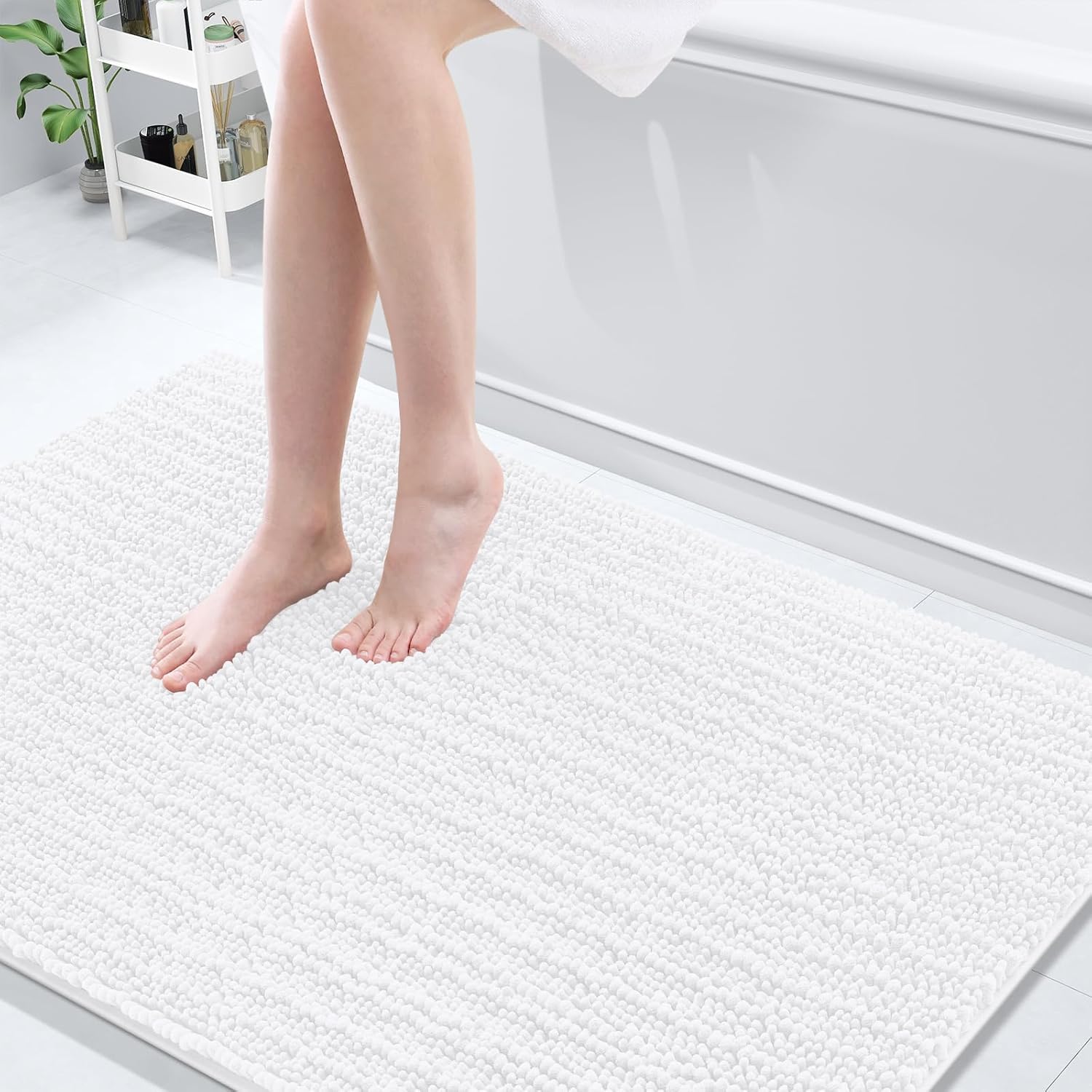 Arotive Luxury Chenille Bathroom Rug Mat, Extra Soft Thick Absorbent Shaggy Bath Rugs, Non-Slip Machine Wash Dry, Plush Bath Mats for Bathroom, Shower and Tub, 59x35, White 59" x 35" White