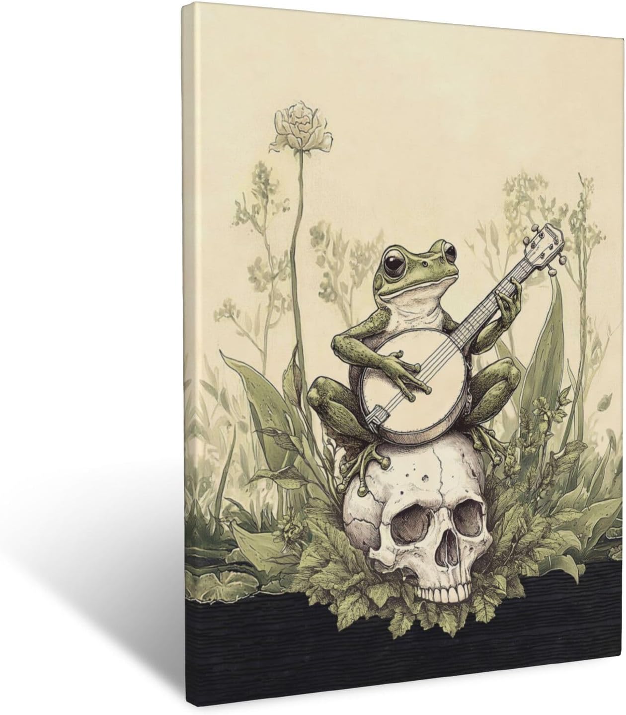 Frog Canvas Wall Art Skull Framed Art Rustic Prints for Man Women Boys Girls Teens, Frogs Pictures Skull Painting Vintage Wall Decor for Bathroom Home Bathroom Bedroom Living Room 12"x16"