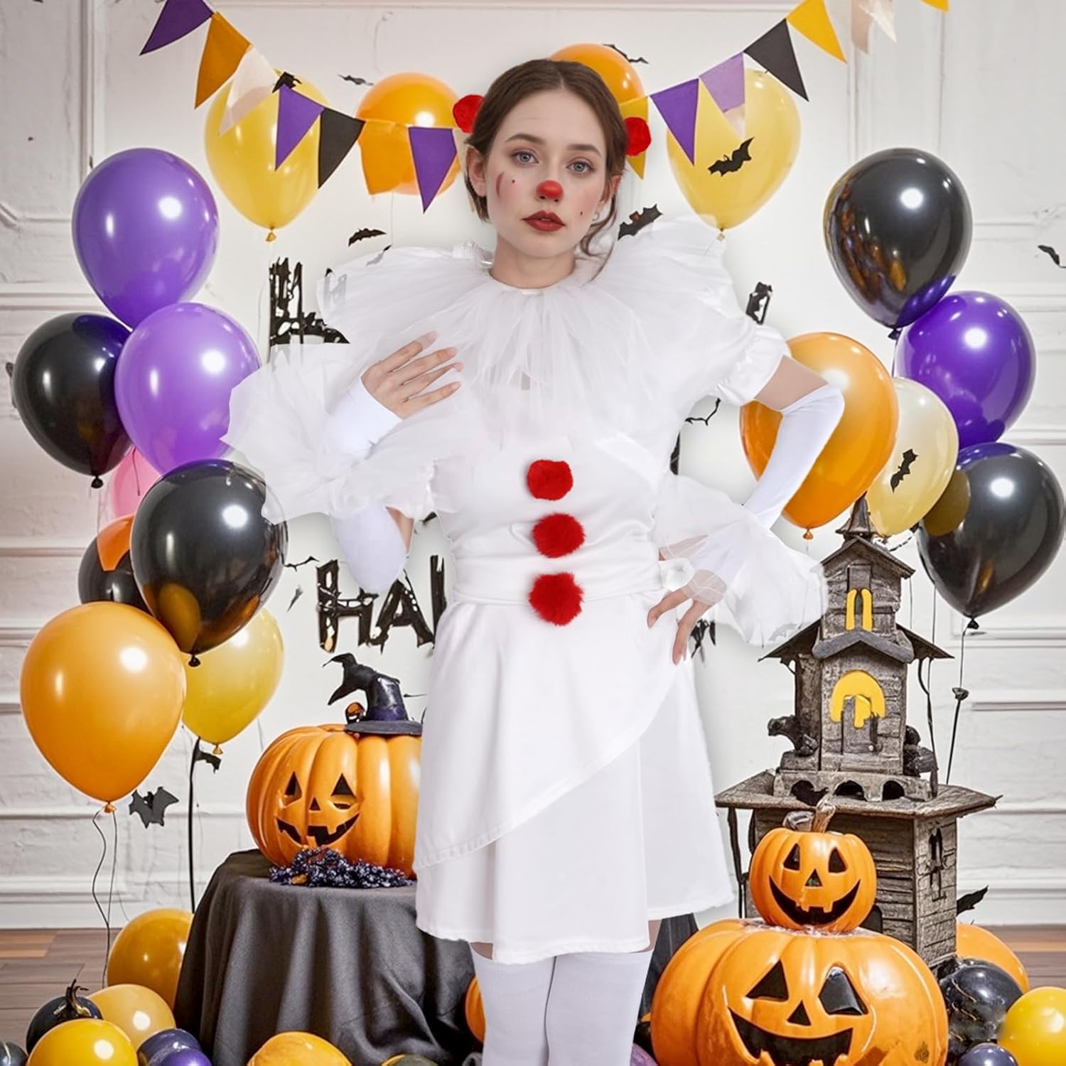 Tayfremn 12Pcs Halloween Clown Costumes Women Mesh Ruffle Neck Collar Cuffs Clown Accessories with Red Pom Poms Glove and Sock for Halloween Cosplay Party Women Girl - Image 7
