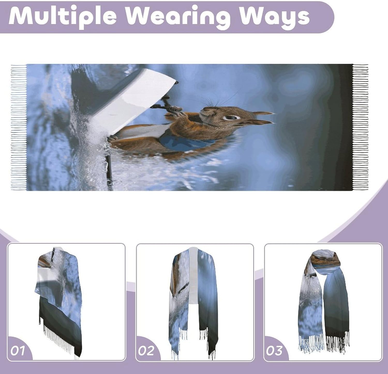 Water Skiing Squirrel Scarf for Women Men Soft Warm Fashion Blanket Scarves Classic Cashmere Feel Scarf Long Shawl Large Scarves Cold Weather Thick Blanket Scarfs
