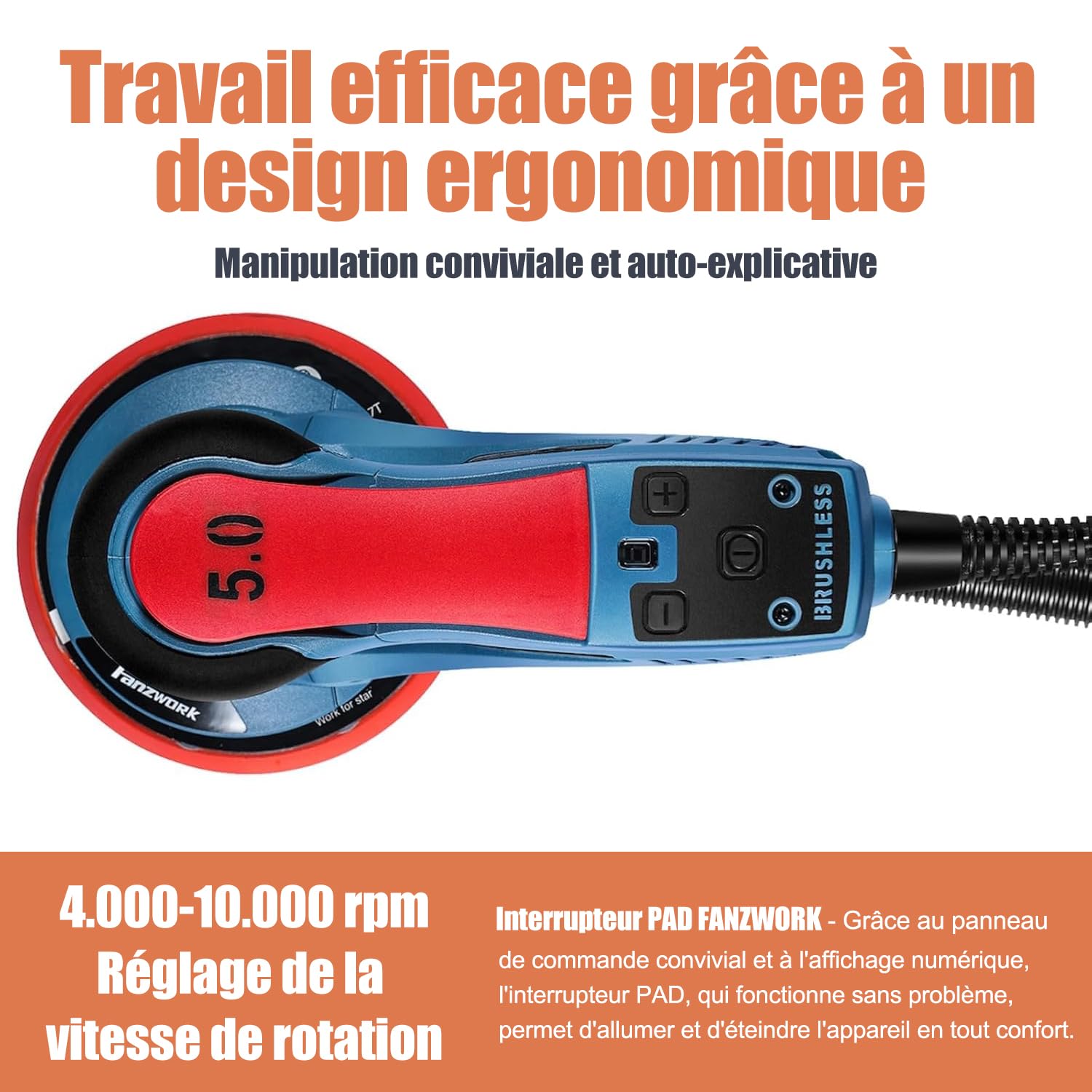 FANZWORK Ponceuse Excentrique 150 mm, Ponceuse Orbitale avec une Course Abrasive de 5 mm, Moteur EC sans Balais de 350 W, 7 Vitesses jusqu'à 10 000 tr/min, 15 Disques Abrasifs, avec Mallette