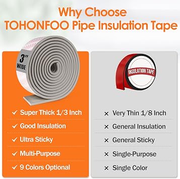 TOHONFOO Pipe Insulation Wrap Tape,Thickened Insulation Tape,3inx13ft,Grey