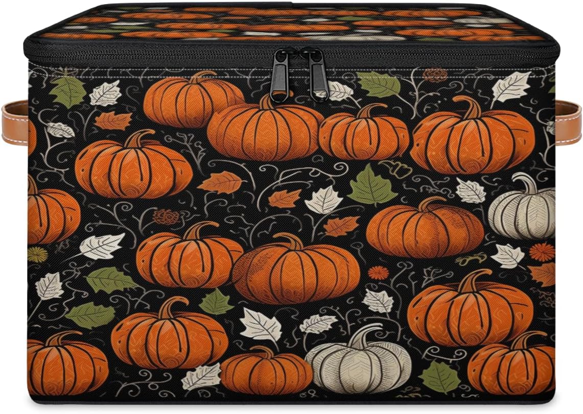 Storage Bin Set of 2 Fall Pumpkin Storage Basket with Zipper Lid & Handle Foldable Closet Shelf 2 Pack Cloth Organizer Basket Cube Bins Clothes Organizer for Bedroom, Nursery