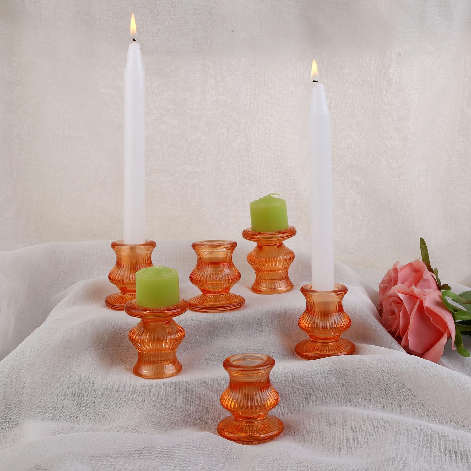 6pcs Glass candlesticks, Transparent Striped conical Candle Holders, Pillar Candles, Ideal centerpieces for Wedding Tables, Parties, Festivals and Home Decorations (Orange - wz3-6pcs)