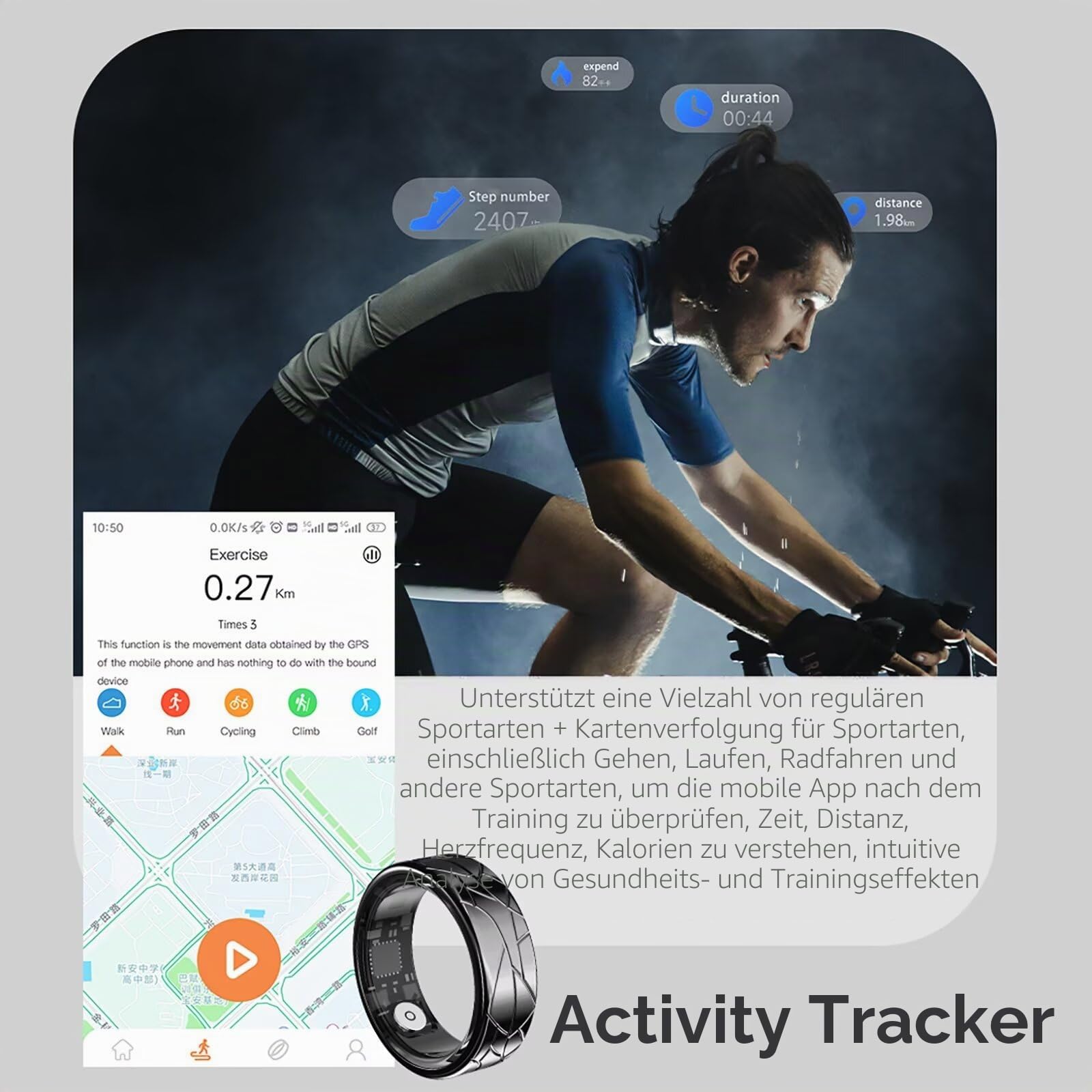 findtime Smart Ring Android IOS Smartringe für Herren Damen Schlaftracker Pulsmesser Schrittzähler Fitness Ring Tracker Smartring Fitnessring Herzfrequenz Sport Fitnesstracker Schwarz Gold Silber