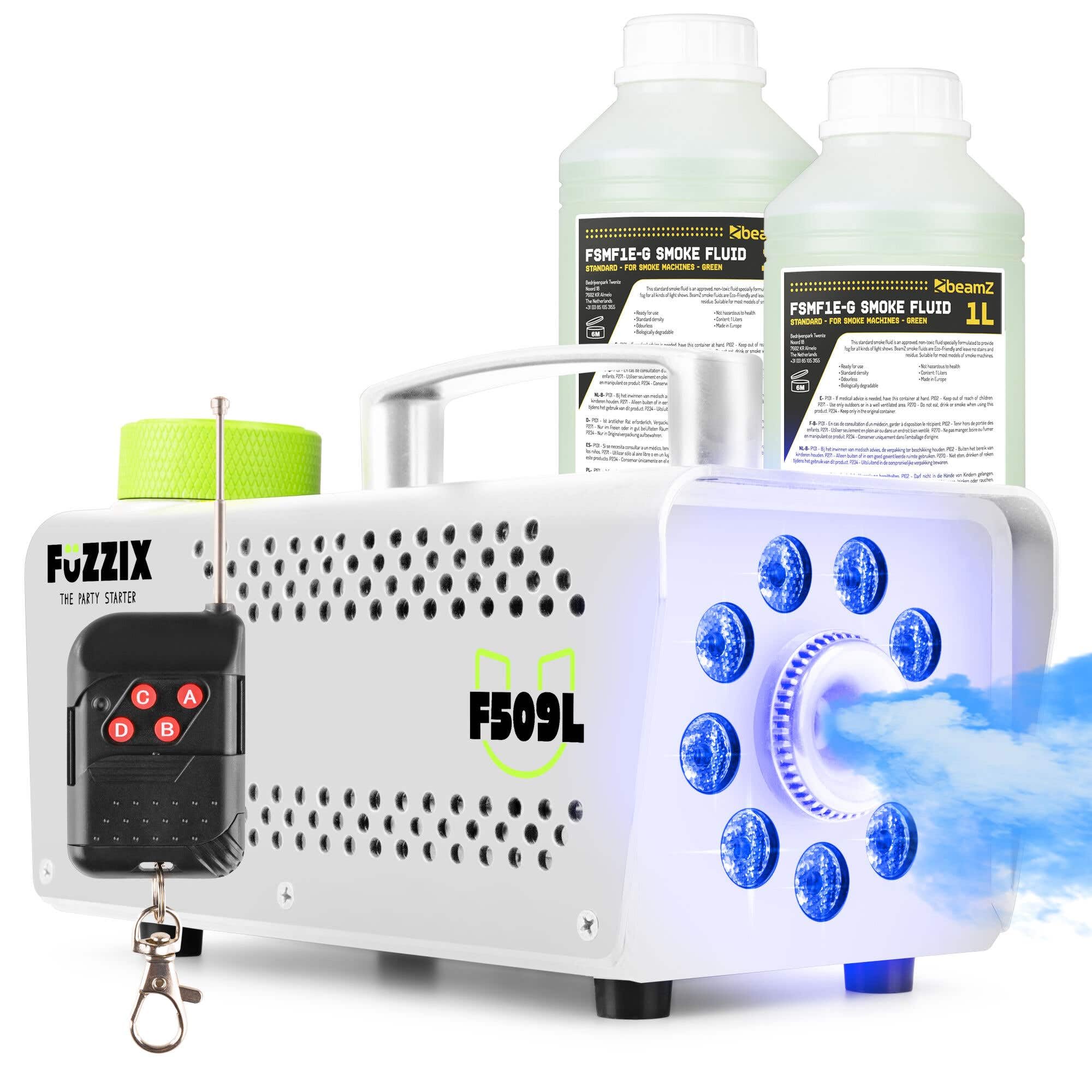 Fuzzix F509LW Nebelmaschine Mini mit LED Lichteffekt und 2 Liter Nebelfluid, 500 Watt mit Fernbedienung, Rauchmaschine Party, Smoke Machine mit 9 LEDs RGB, Hochzeiten, Nebelmaschine Halloween Party