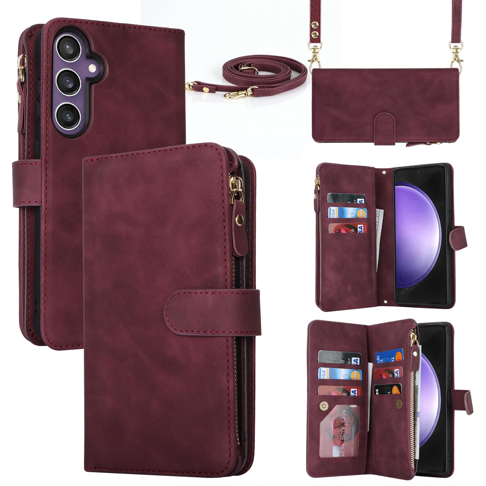 Jaorty Crossbody Phone Case for Samsung S23 FE 5G with Strap Lanyard,Galaxy S23 FE 5G Case Wallet with Card Holder for Women,Zipper Pocket Magnetic Flip Leather S23 FE Case,6.4