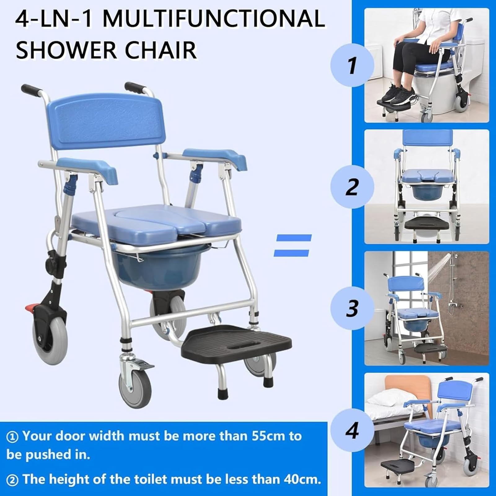 Sedia Da Doccia Con Rotelle, Sedia Doccia Per Anziani, Multifunzione Sedia a Rotelle Con Schienale Bracciolo E Secchio WC, Sedia Doccia Pieghevole Con Ruote Per Doccia Disabili