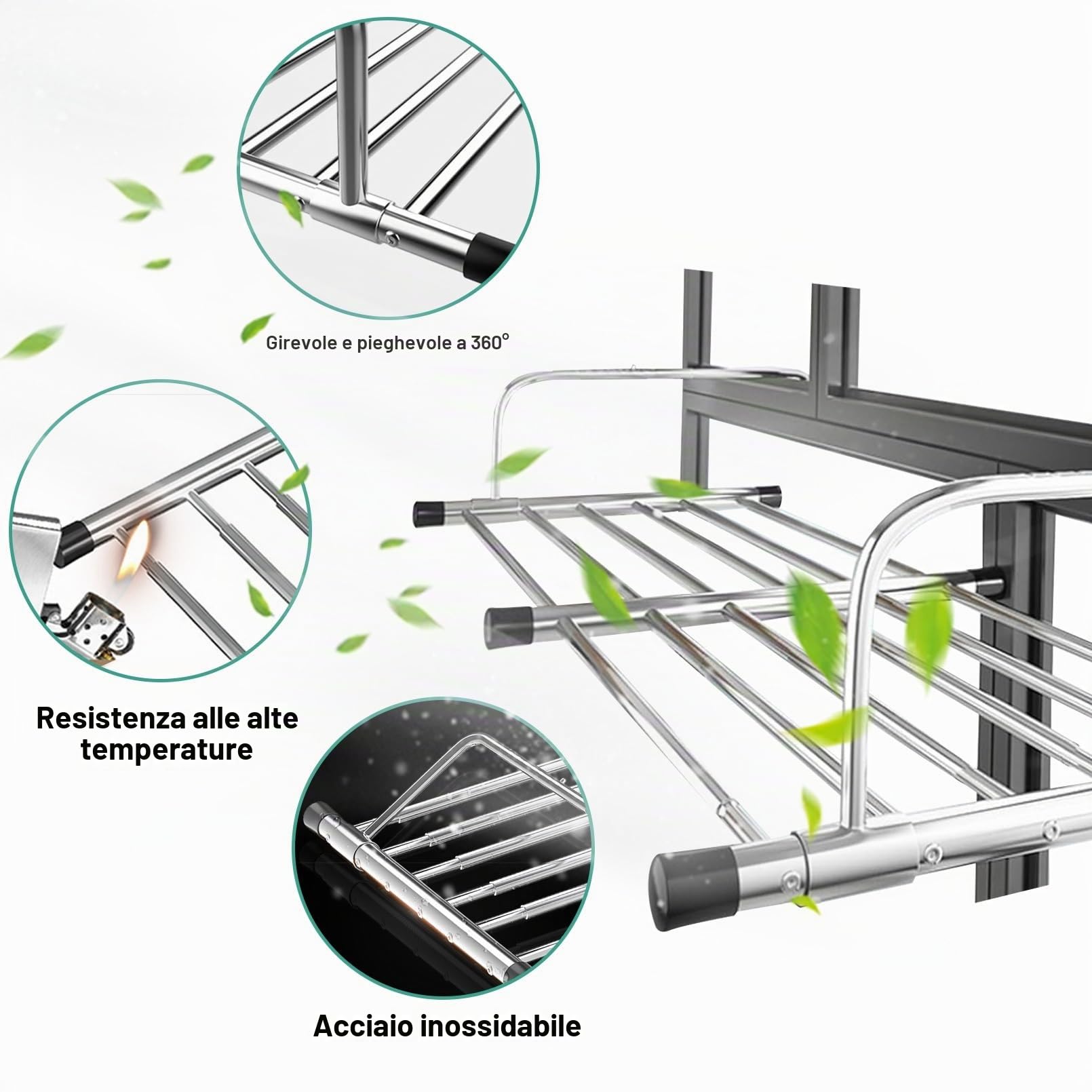Stendino da Balcone in Acciaio Inox Allungabile per Uso Interno ed Esterno, Per Vestiti e Scarpe, Mit Verstärkungsleiste, 10-Loch-Verstellung, Stendibiancheria (86-160cm)