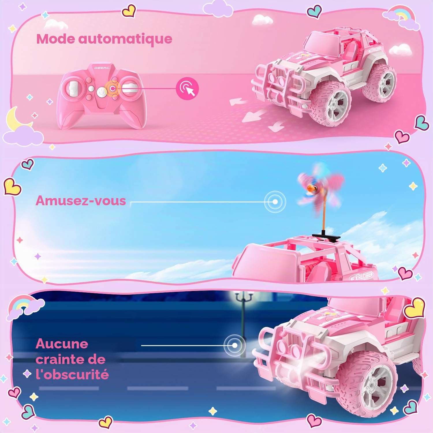 DEERC 1:18 Jeep Rose Voiture télécommandée Fille Phare LED 2.4GHz Monster Truck Voiture Tout-Terrain pour 6 7 8 9 Ans Garçons et Filles RC Voiture Jouet Cadeau Filles 6 Ans et Plus