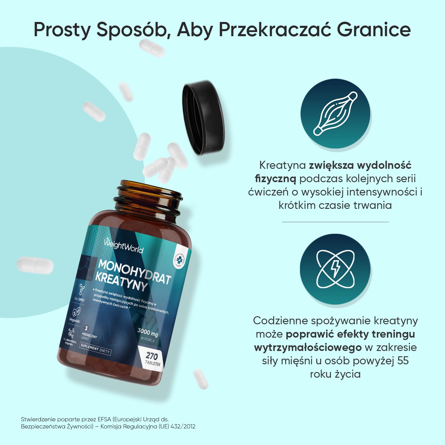 Monohydrat kreatyny 3000 mg – 270 wegańskich tabletek kreatyny, zapas na 3 miesiące – suplement diety dpowiedni dla wegan, 3 tabletki dziennie, bez GMO, laktozy i stearynianu magnezu