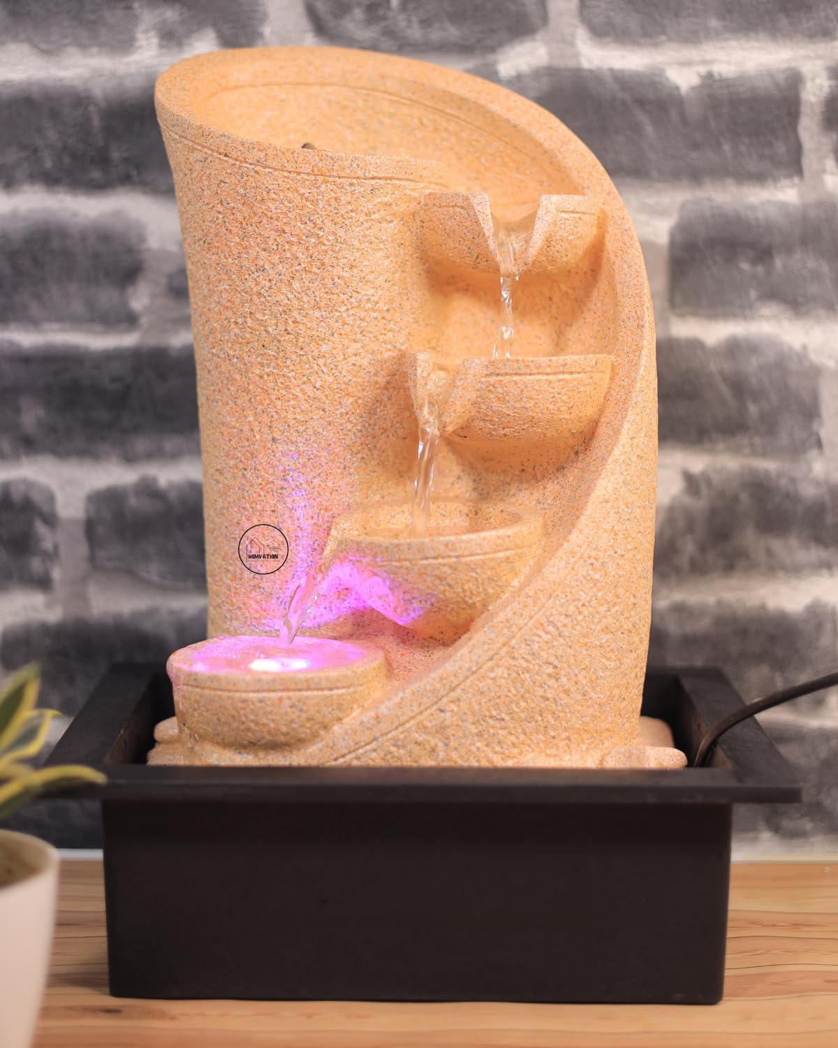 Polyresin Table Top Cream Color Indoor Waterfall Fountain with 3 Designer Steps, Pink LED Lights and Water Flow Controller Pump for Home Decor-image-15