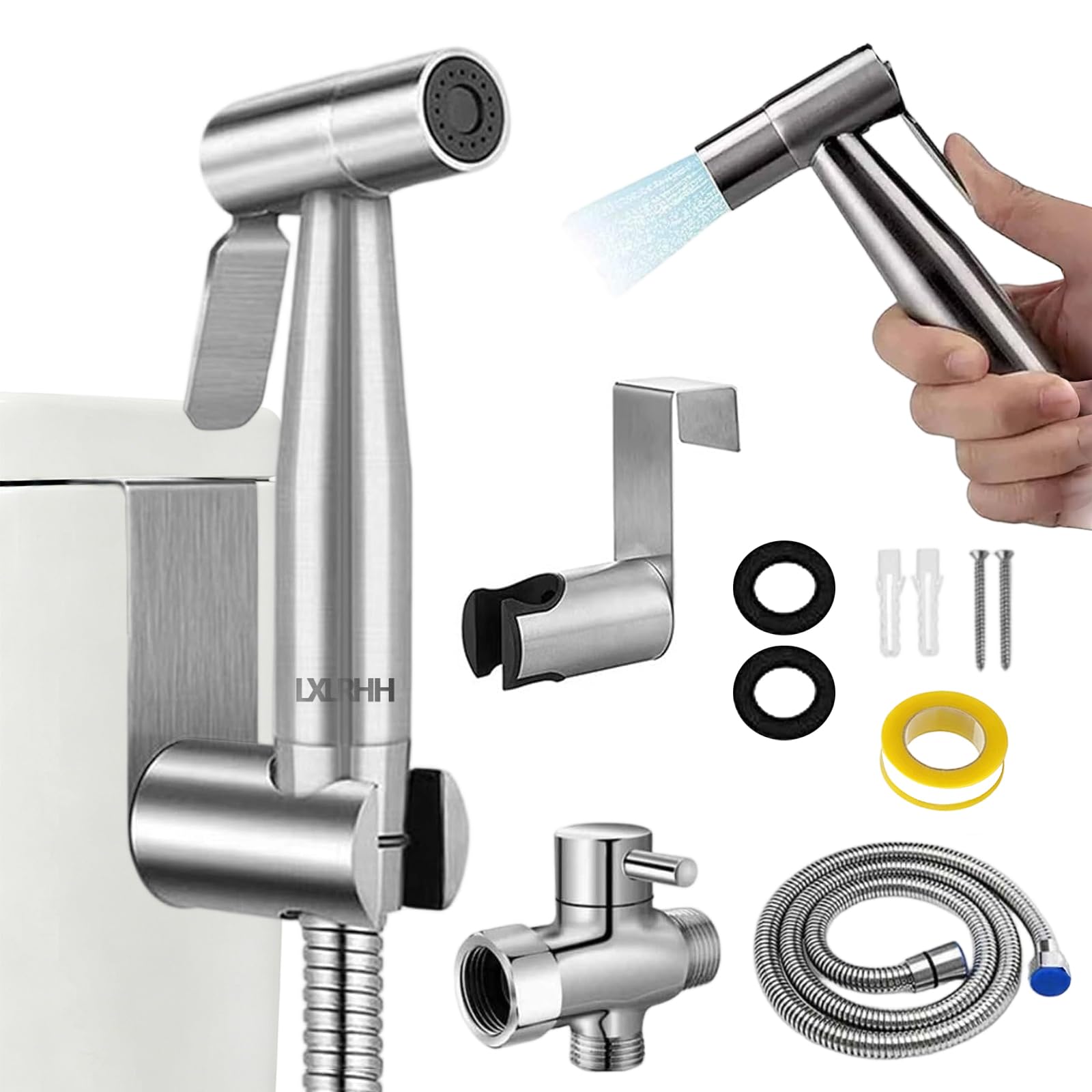 LXLRHH Handheld Bidet Spray Set, Stainless Steel Toilet Bidet Sprayer with 3 Way Valve (1/2") and 1.5m Hose, Douche Shower Spray for Toilet Cleaning, Pet Bath, Personal Hygiene