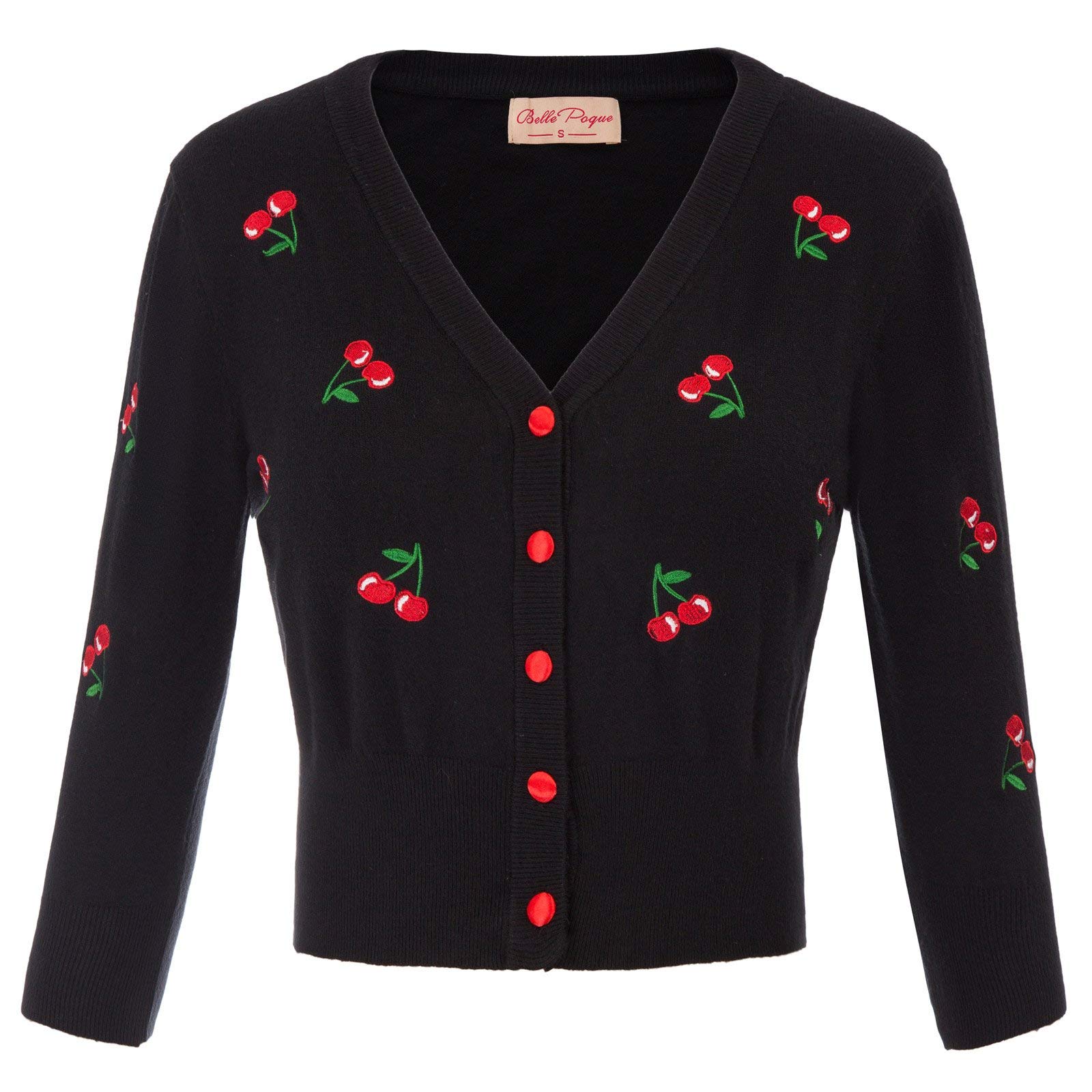 Women's Vintage 50s Cherries Embroidery Cardigan Sweater V-Neck 3/4 Sleeve Cropped Sweater Coat GF609