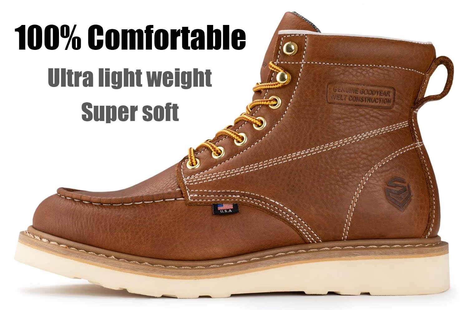 SUREWAY 6in Wedge Moc Toe Work Boots for Men - Soft Toe,Premium Full-Grain Leather,Lightweight Work Boots/Shoes,Comfort Insole,Oil/Slip Resistant,GoodyearWelt,EH Rated Industrial Construction