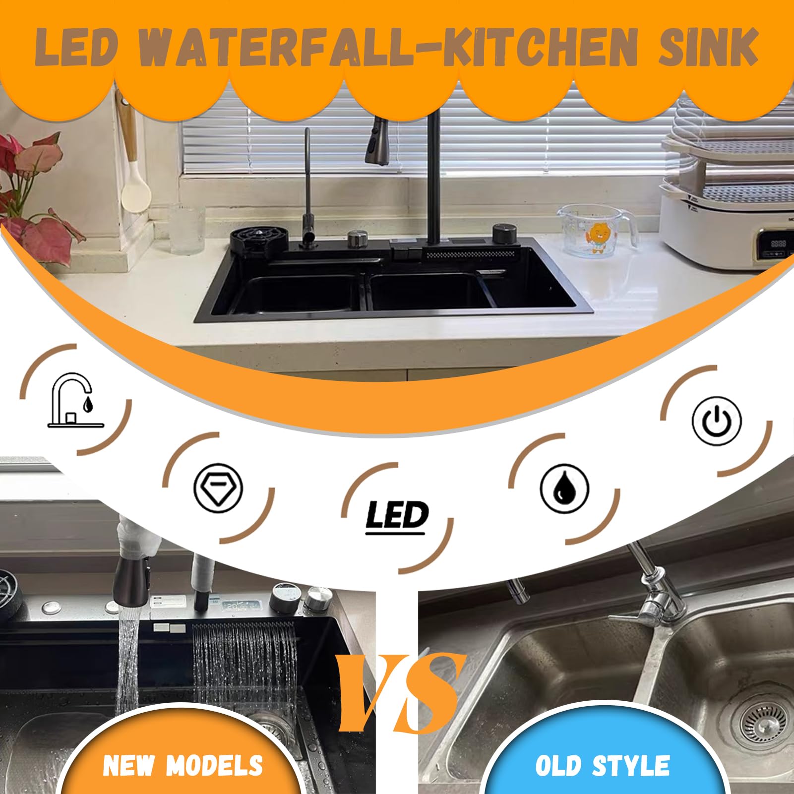Acero inoxidable Negro y Gris con grifo, Cascada extensible, Gran capacidad, 1 tazón, pantalla LED de Temperatura (68 x 46 cm)