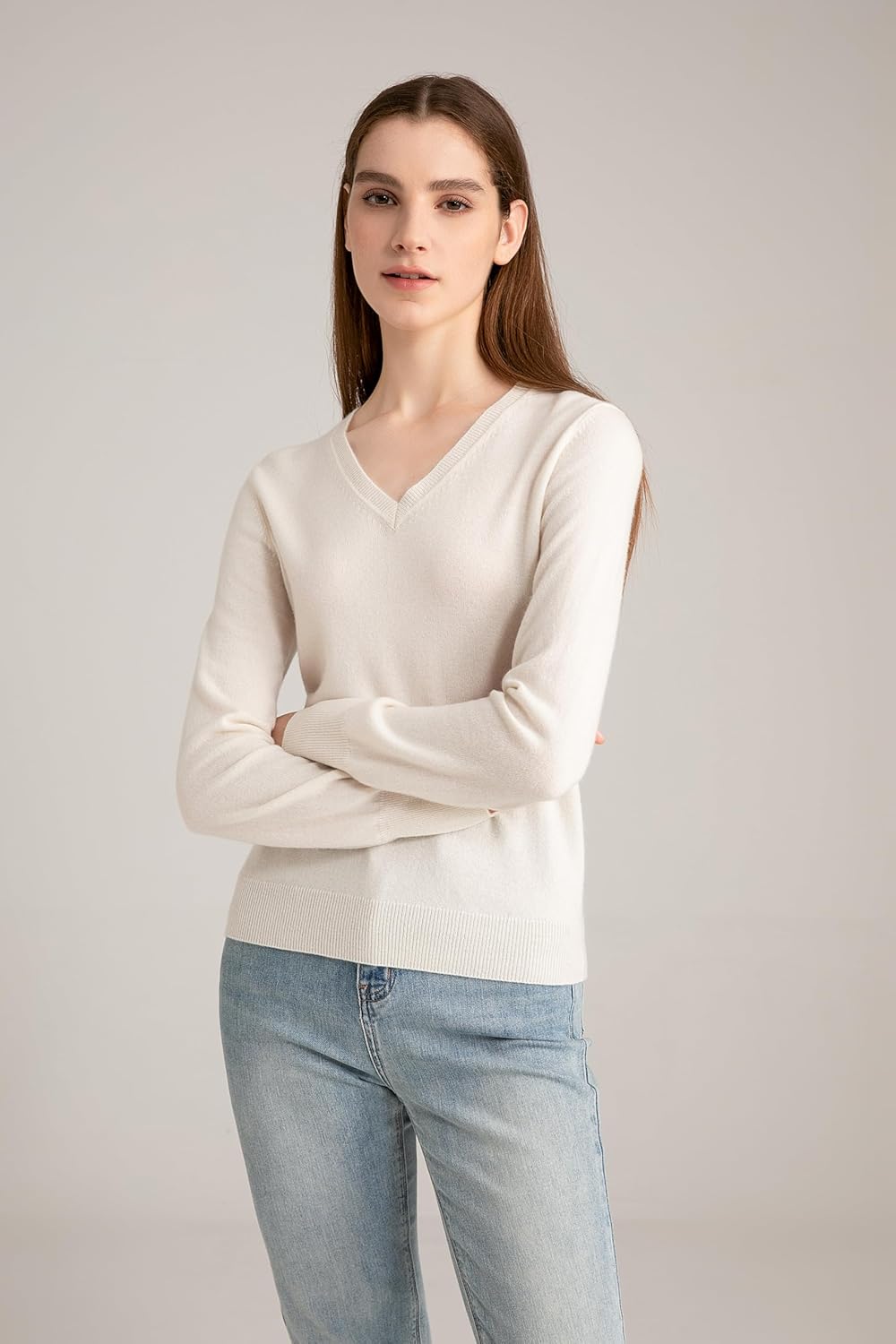 State Cashmere Women’s Essential V-Neck Sweater 100% Pure Cashmere Classic Long Sleeve Pullover - Image 4