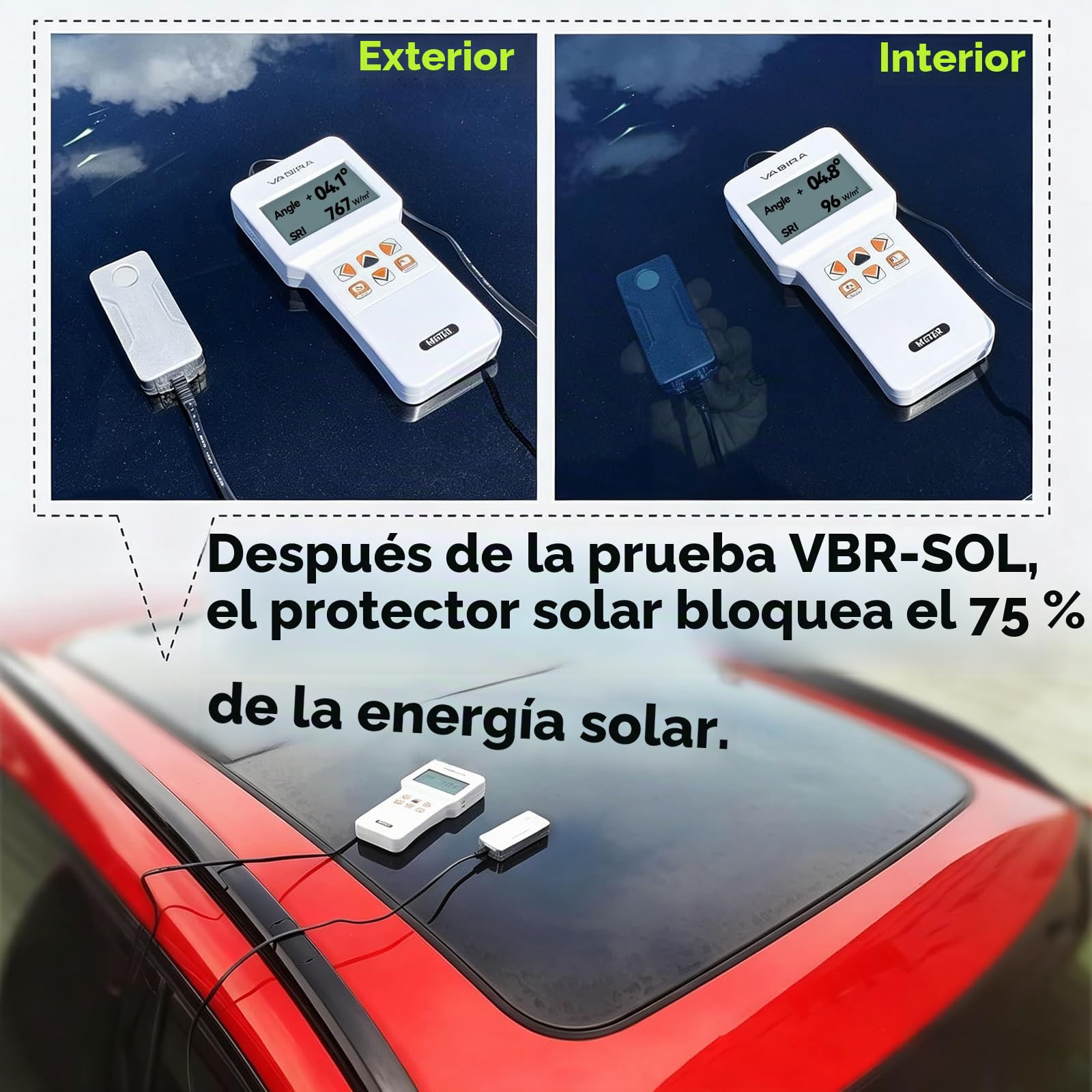 Medidor de Potencia Solar VBR-SOL con Medición del Ángulo del Panel, Hasta 3499 W/m², Registro Diario de Energía de 28 Días
