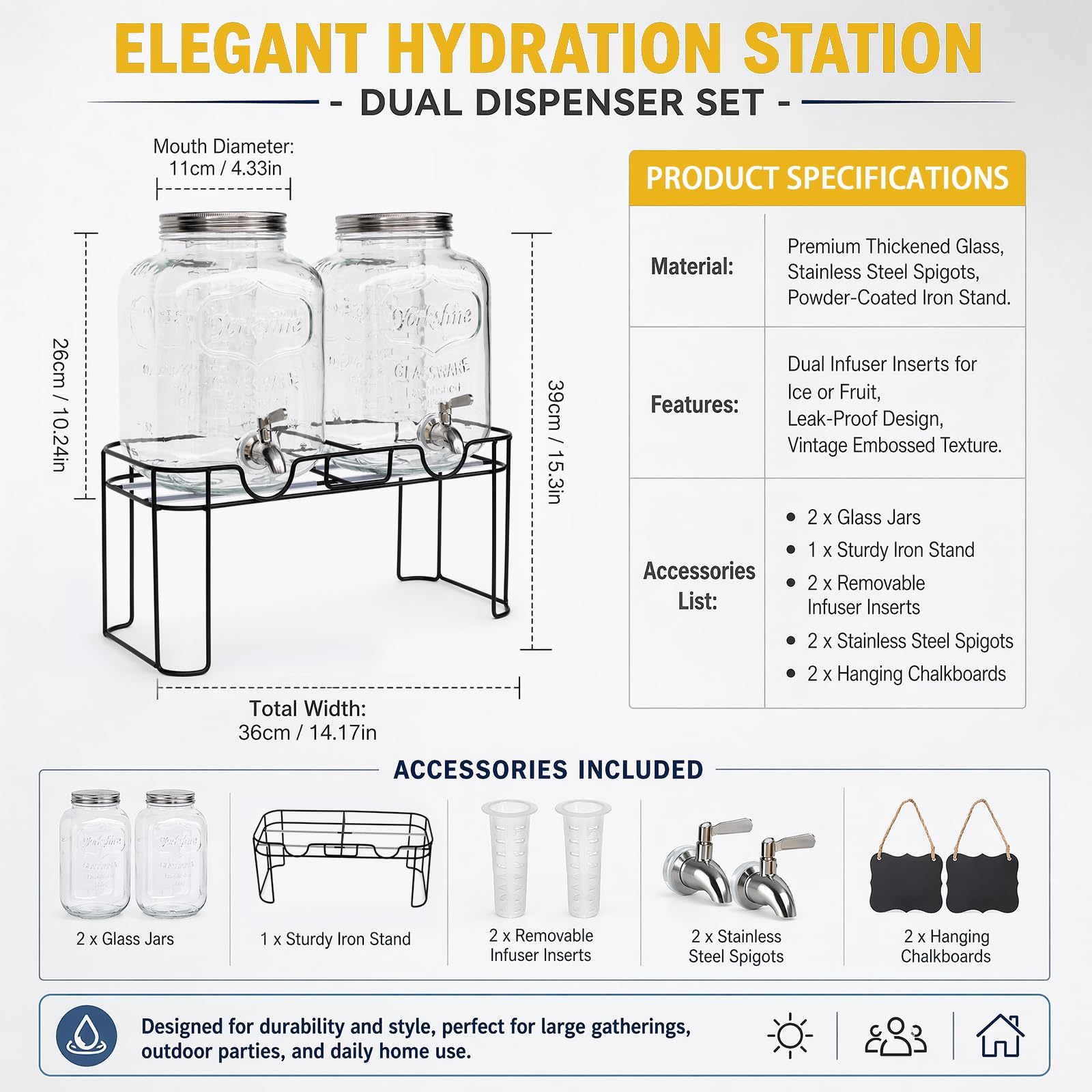 2 x 6L Glas-Getränkespender mit Ständer, Getränkespender, Glas-Wasser-Saft-Spender mit Zapfhahn aus massivem Edelstahl für geeiste Säfte, Wasser, hausgemachte Getränke, Partys, Hochzeiten